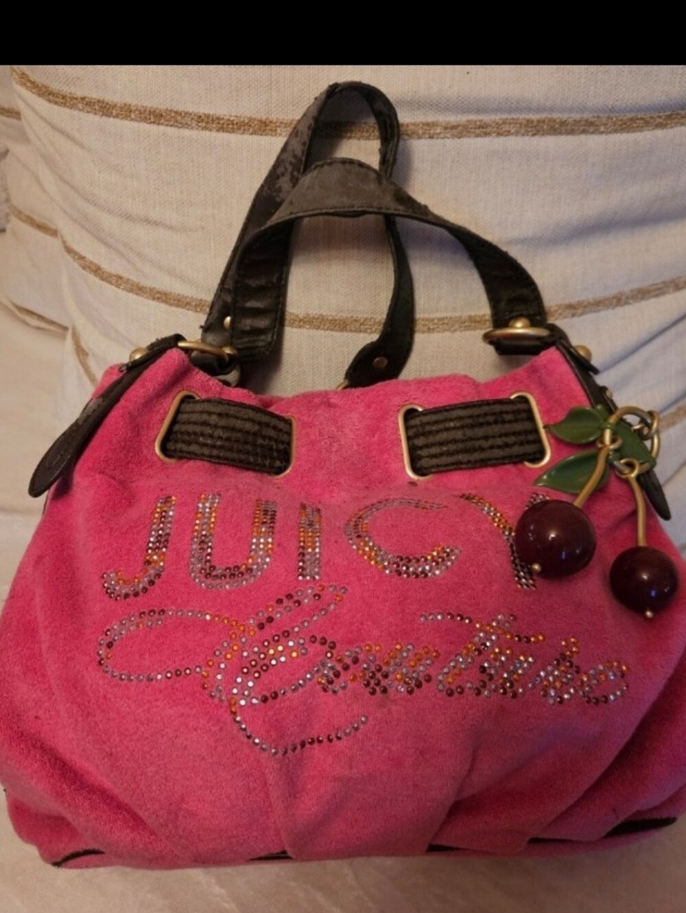 Rare Juicy Couture Y2k Hot Pink Rhinestone Logo Hobo Bag with Cherry Charms